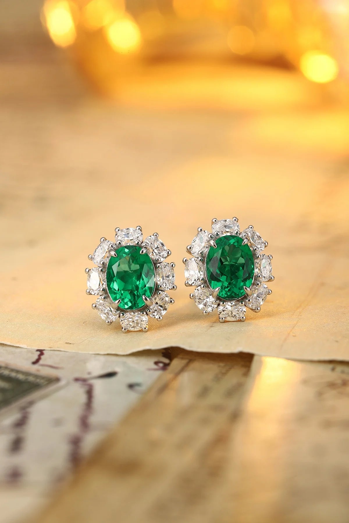 Gemfiori Custom Ladies' Bridal Jewelry Set Sterling 925 Silver Lab Grown Emerald Ring Necklace Earrings Vintage Wedding Engagement Gift