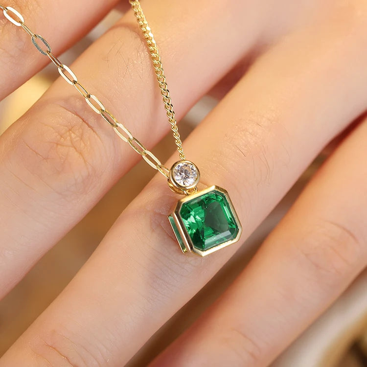 Gemfiori Trendy 3CT Square Shape Lab Grown Emerald Real Gold Chains Jewelry 18k Solid Gold Necklace
