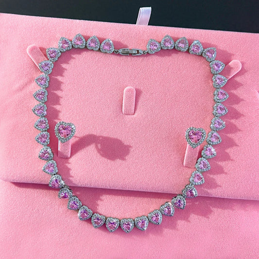 Trendy Jewelry Brass Silver Plated Jewelry Set Pink Iced CZ Ring Earrings Necklace Cuban Tennis Heart Shaped Woman Jewelry Set