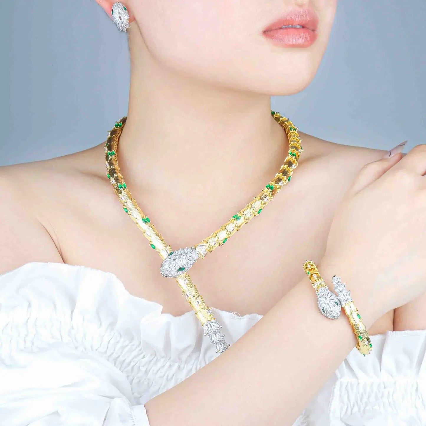 Luxury Snake-Design Zirconia Choker Necklace, Earring & Bangle Bridal Set — Gold & Rhodium Plated