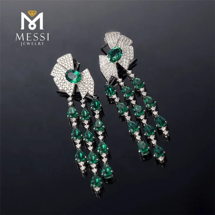 Gemfiori Messi Jewelry butterfly Knot Drop Earring With Tear Shape Emerald Tassel Earring Woman Luxury Wedding Emerald Jewelry