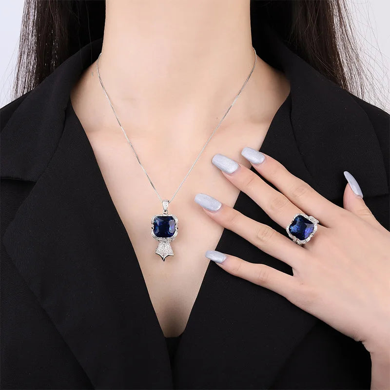 Gemfiori Korean Fashion Jewelry Light Luxury Temperament Pendant Inlaid with Blue Zircon Ring Jewelry Set