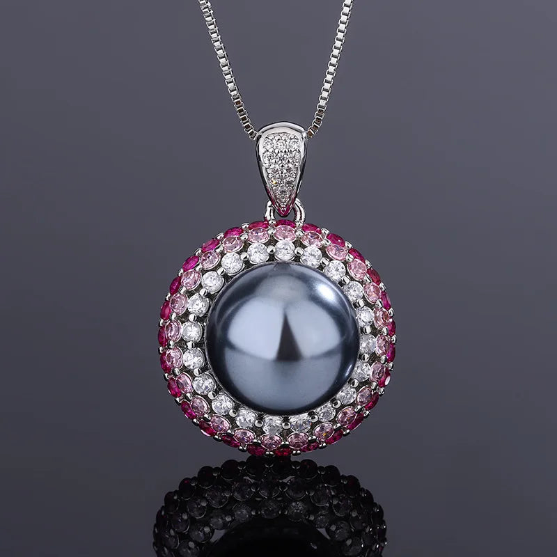 Gemfiori European and American Caibao Inlaid Earring Ring Niche High-end Feeling Gray Pearl Necklace Set Jewelry Set