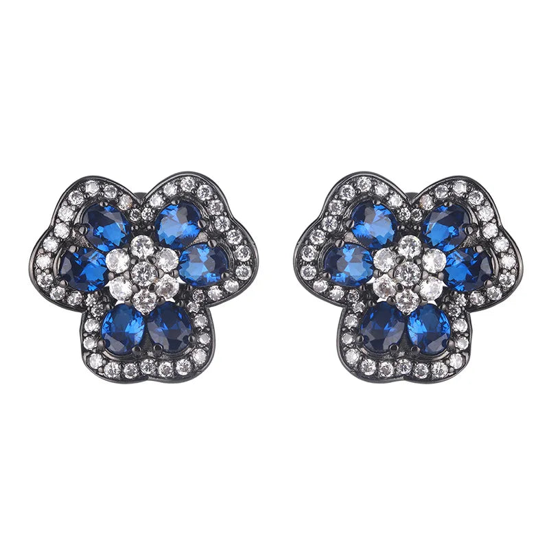 Gemfiori French Elegant Blue Flower Pendant Ring Earring Set Retro Niche Design Camellia Jewelry