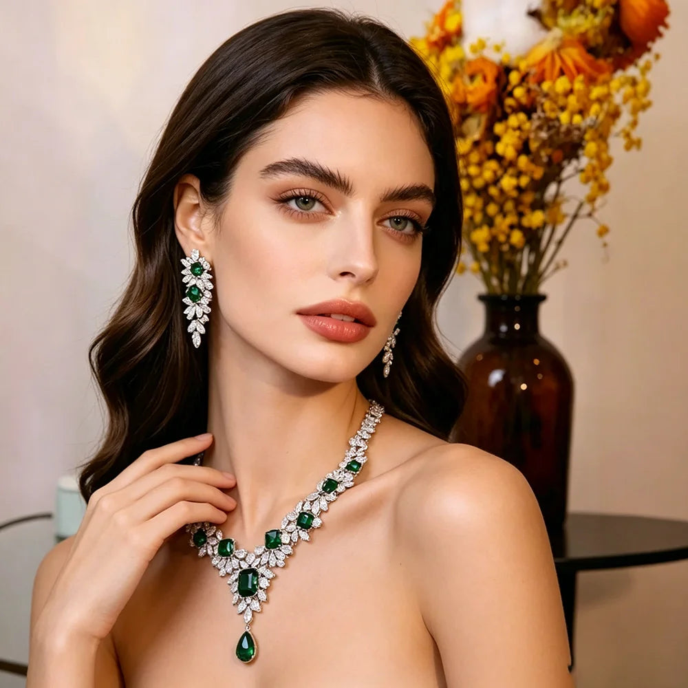 XM S315 Emerald Green Cubic Zirconia Floral Leaf Statement Necklace & Earrings Set