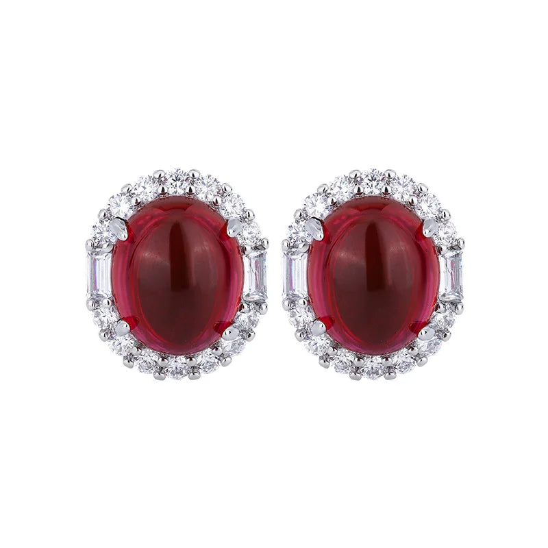 Gemfiori Luxury Oval Cabochon Ruby Jewelry Set Brass Plated Halo Pendant Necklace Ring Earring Vintage Royal Red Gemstone Wedding Jewelry