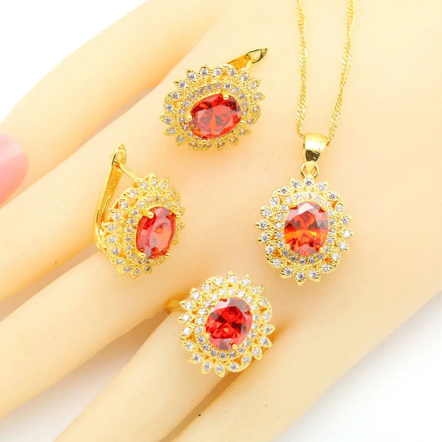 XOTICA 2023 New Red Zirconia Crystal Jewellery Set for Women Including Bracelet Earrings Ring Pendent Necklace for Wedding Engagement