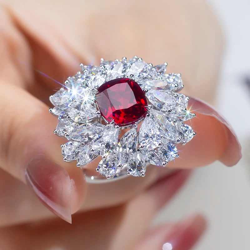 Messi Jewelry MSR-956 S925 Lab Ruby Cushion Cut Ring Flower Design Engagement Ring Wedding Band Classic Gift