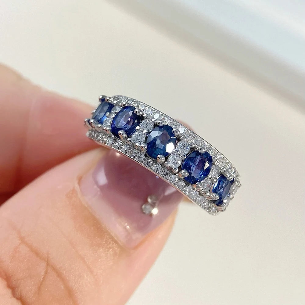 Gioiellieri Blue Sapphire Row Ring with Natural Multi Stone for Women S925 Sterling Silver Fine Jewelry Eternity Cluster Ring Gift Idea Her