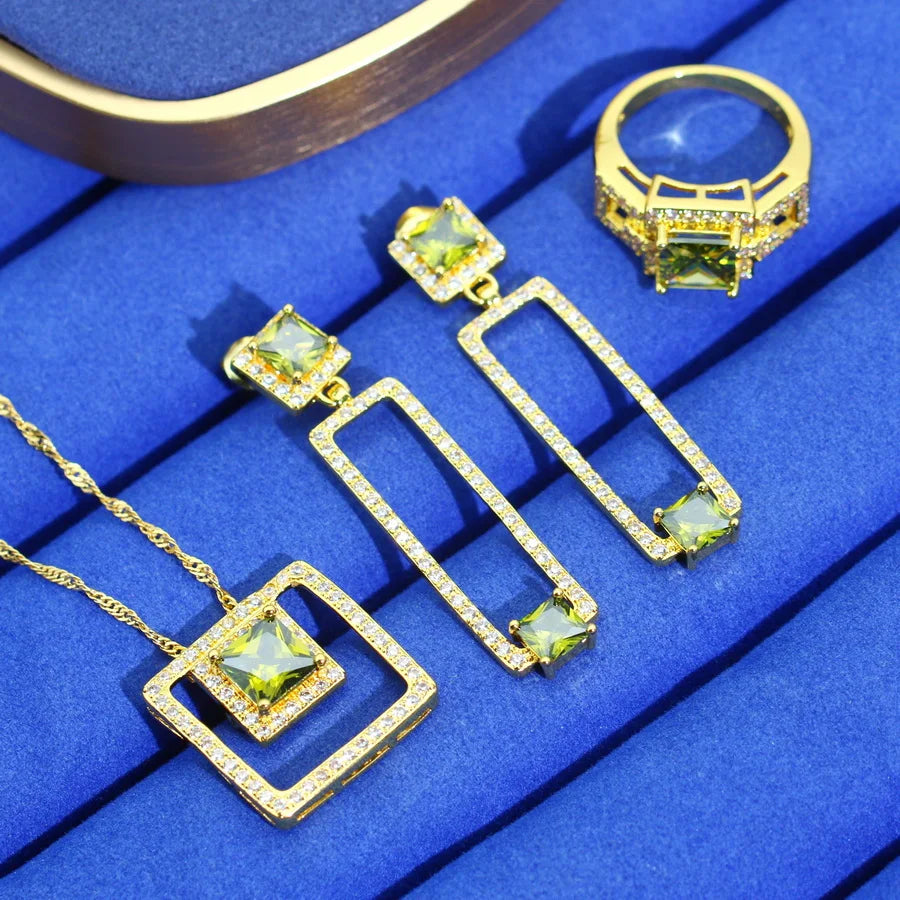 XOTICA 18K Gold Plated Unique Jewelry Sets for Women Wedding Olive Green Zirconia Earrings Necklace Pendant Ring Dating Gifts
