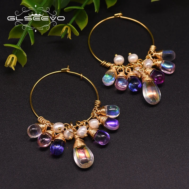 Natural Fresh Water Pearl Hoop Earrings for Women 925 Sterling Silver Colorful Tassel Drop Earrings
