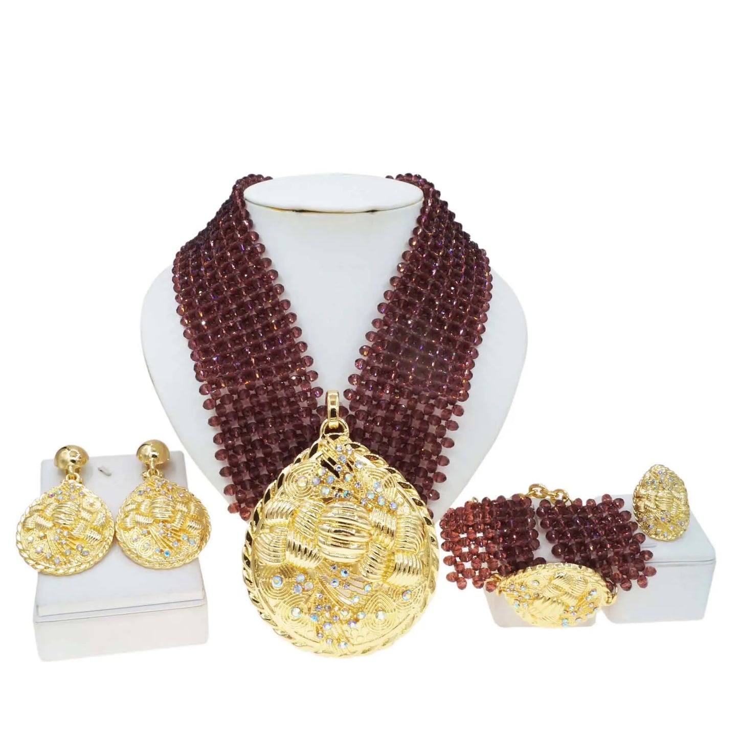 Zhuerrui Fashionable Gold Plated Jewelry Sets Wine Red Beads Necklace Jewelry Set Available Women's Birthday Party Gift H40033