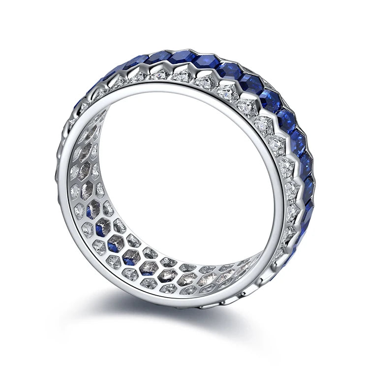 Gemfiori Vivid Blue Lab Grown Sapphire Eternity Band 100% Sterling Silver Ring for Gift Party Jewelry