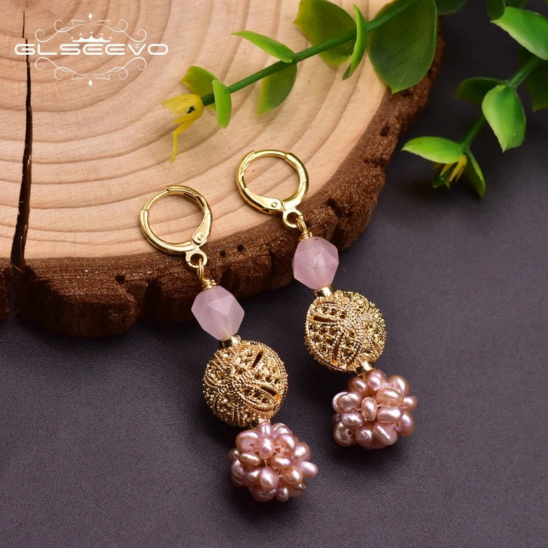 GLSEEVO Fresh Water Pink Baroque Pearl Dangle Flower Earrings for Women Girls Daughter Cute Jewellery for Birthday Party GE0961B
