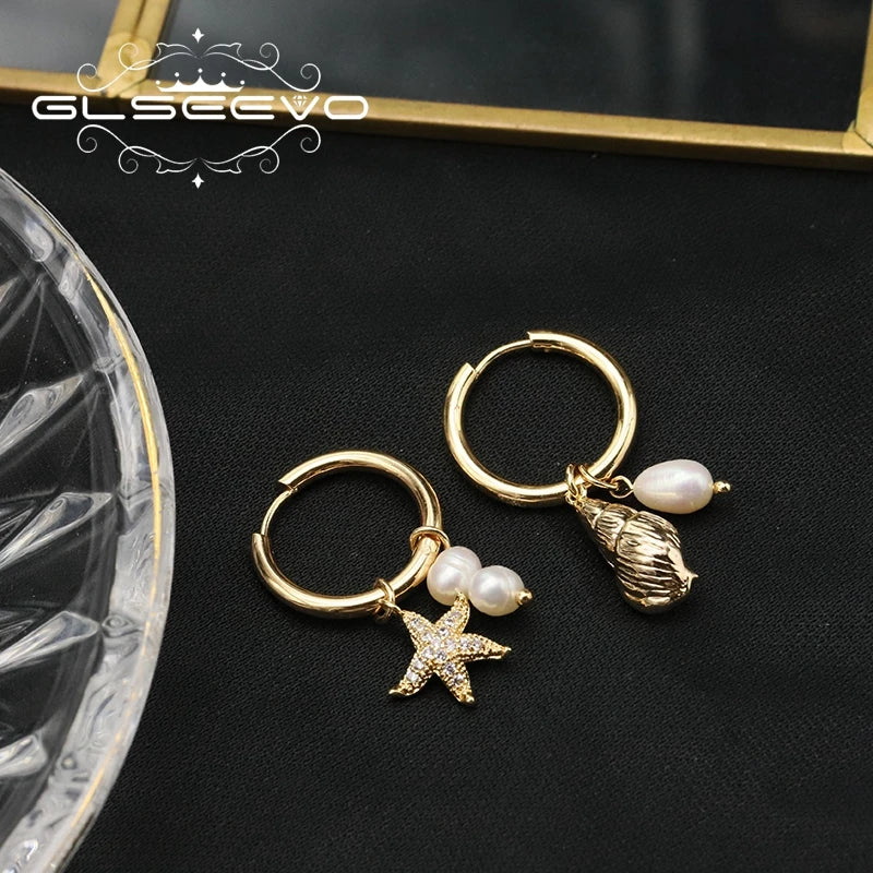 Starfish Sea Snail Natural Fresh Water Pearl Dissymmetry Earring for Woman Original Unique Western Fashion Party Jewelry