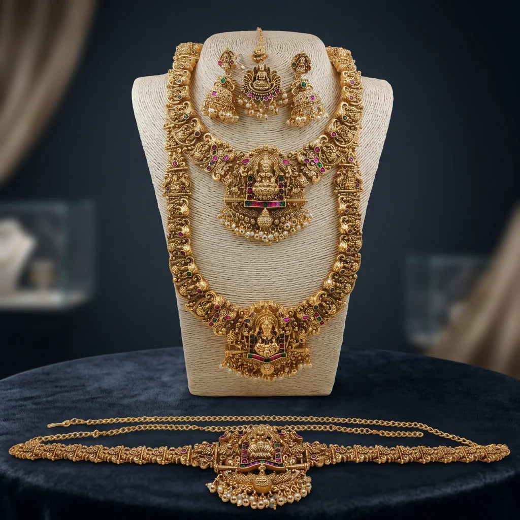 Luxury Temple Jewellery Bridal Necklace Set Antique Gold Plated Lakshmi Long Haram Choker Vaddanam Wedding Jewelry Set