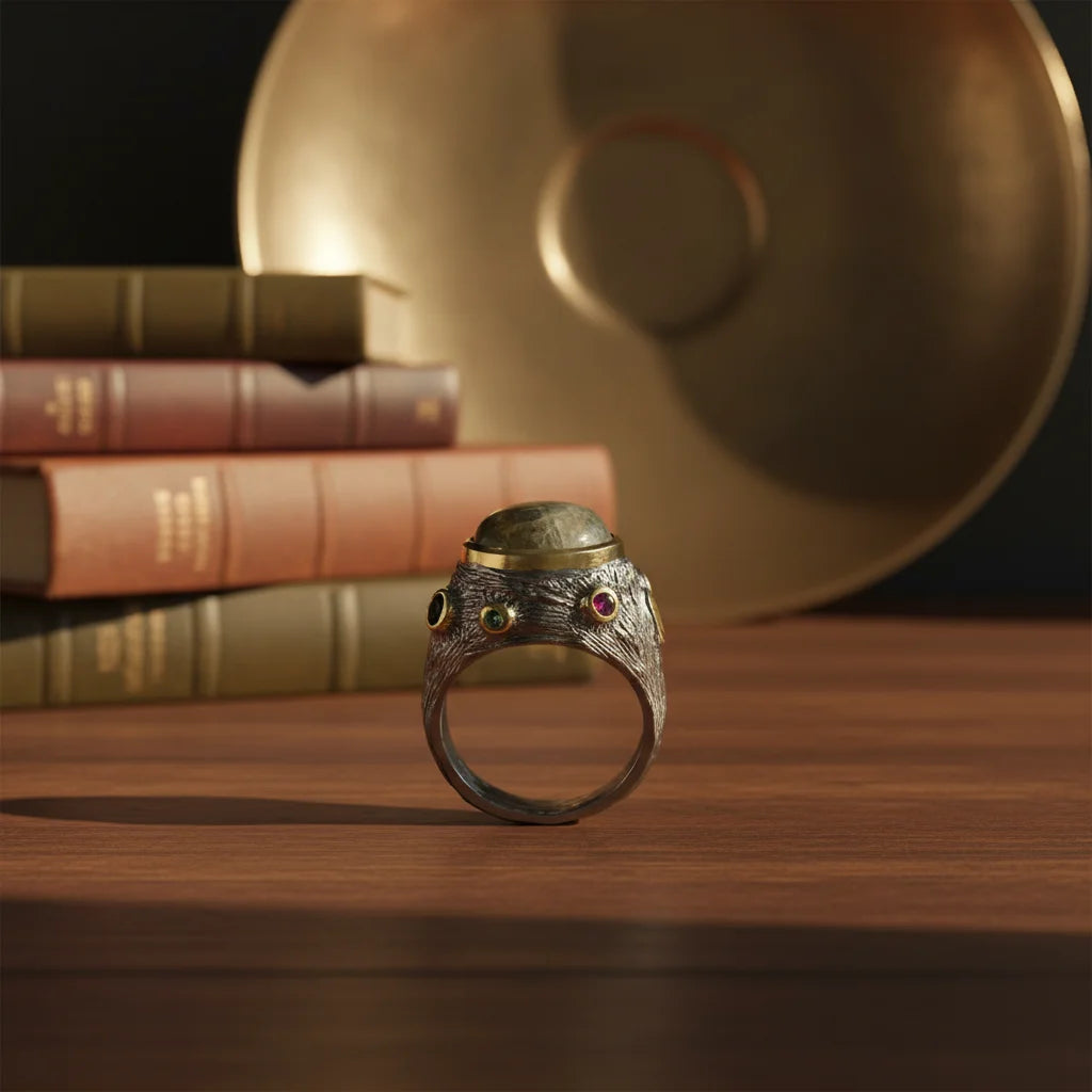 925 Sterling Silver Ring with Tourmaline Design Labradorite Stone Thailand CLASSIC Gemstone Rings