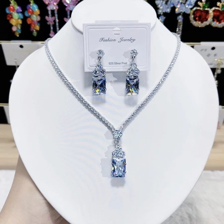 K054 Top Quality Luxury Simple Geometric Zircon Necklace Earrings Set Women Elegant Jewelry Set