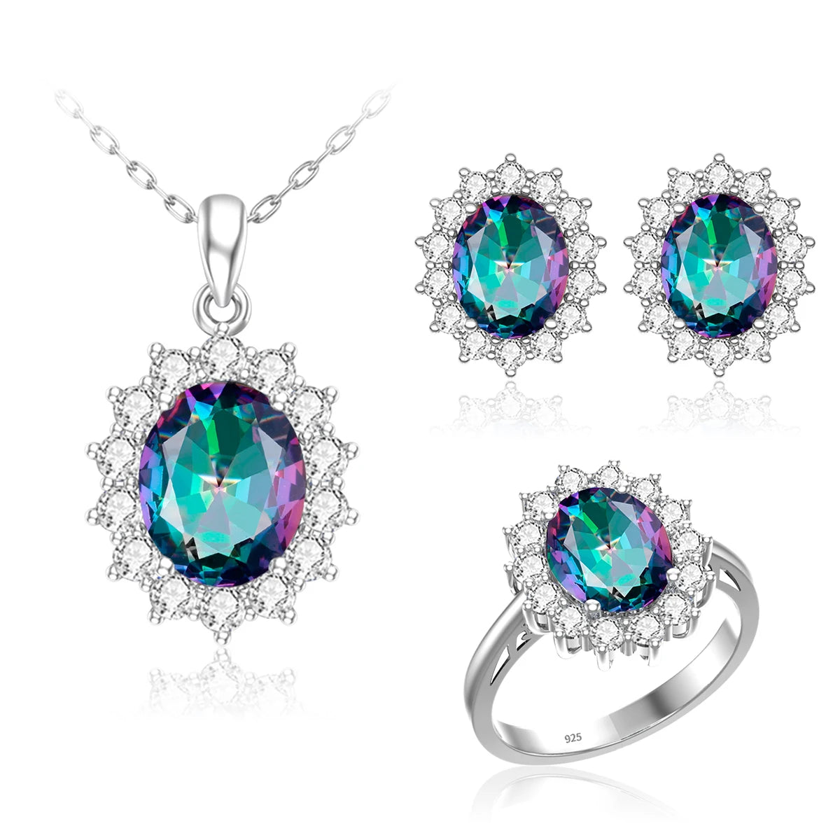 ArtistA Luxury Bridal Jewelry Set 925 Sterling Silver Sapphire Halo Ring Earrings Pendant for Women's Wedding Jewelry
