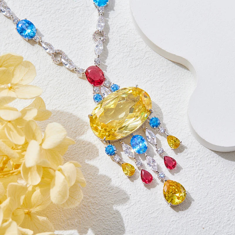 Dubai Fashion Brass Long Color Tassel Pendant Necklace with Earrings Jewelry Set Suitable for Weddings and Gifts