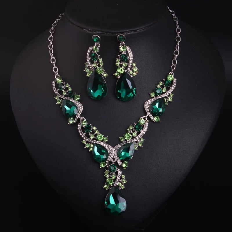 XM S368 Silver Plated Princess Cut Zircon Floral Statement Necklace & Drop Earrings Set