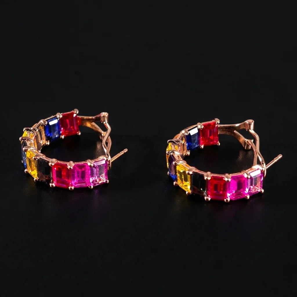 Gemfiori Luxury Fine Jewelry Colorful Emerald Cut Lab Grown Sapphire Solid 18K Rose Gold Earrings for Female Anniversary Gift Engagement