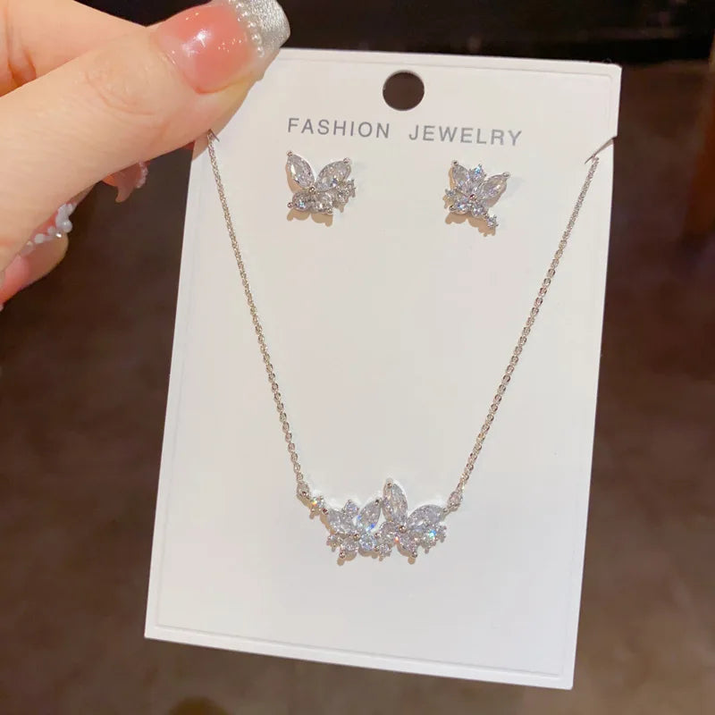 Top Quality  Fashion Exquisite Butterfly Necklace and Earrings Set with Zircon Classic Real Gold Plated Jewelry Set for Women