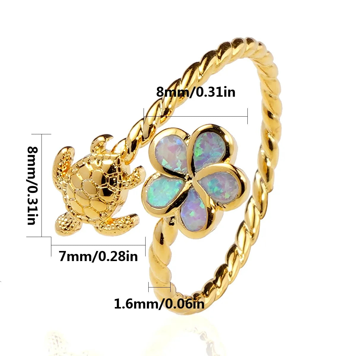 Gold Turtle & Opal Clover Ring | Twisted Band Animal Jewelry