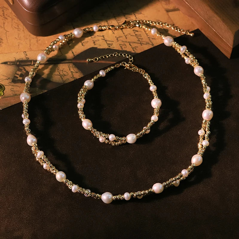GLSEEVO Natural Freshwater Pearl & Twisted Gold Wire 2-Piece Jewellery Set — Necklace & Bracelet