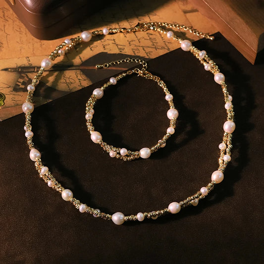 GLSEEVO Natural Freshwater Pearl & Twisted Gold Wire 2-Piece Jewellery Set — Necklace & Bracelet