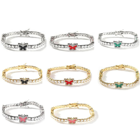 Fashion 4mm Gold Plated Brass Cubic Zirconia Diamond Colorful Butterfly Punk Tennis Bracelet Chain