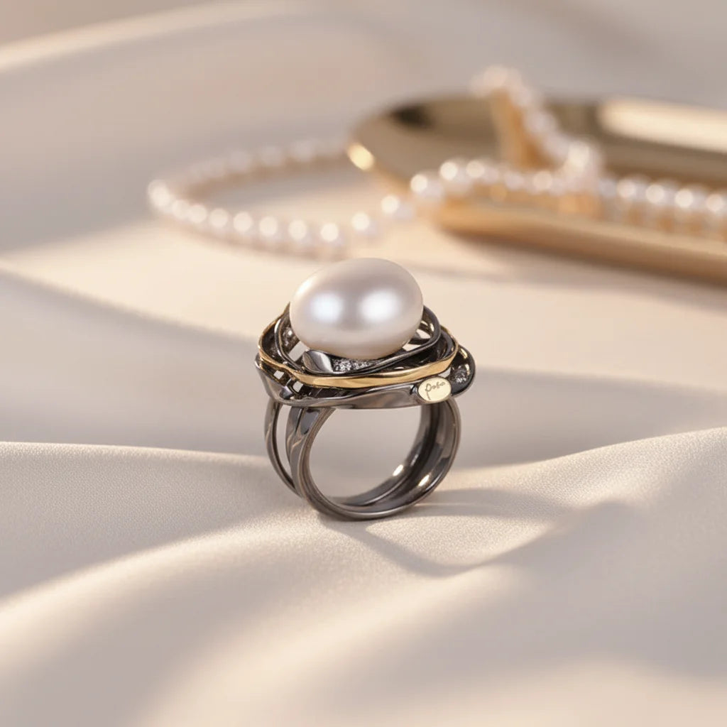 Freshwater Button Pearl 925 Sterling Silver Black Gold Plated Ring  for Women