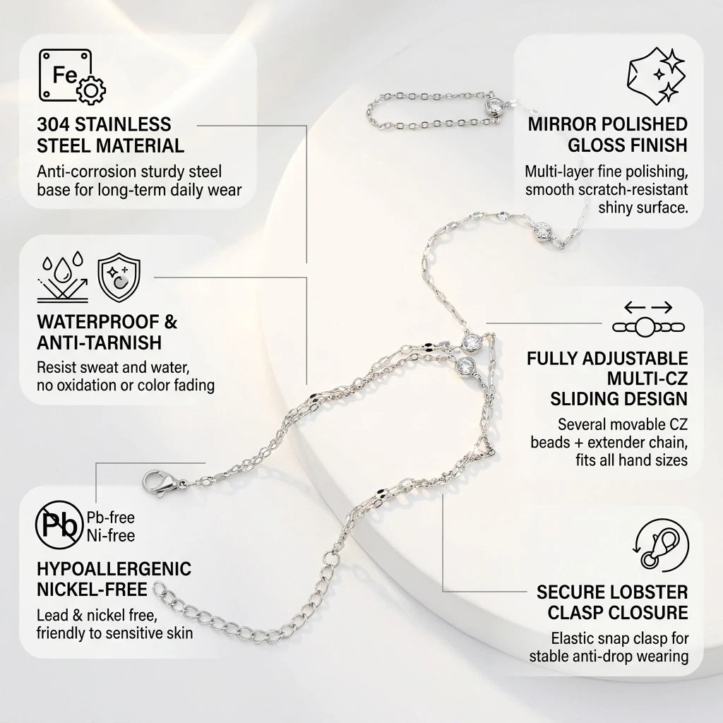 Layered O Link Chain Cubic Zirconia Finger Bracelet  Gold Plated Stainless Steel Hand Chain Minimalist Luxury Jewelry Women
