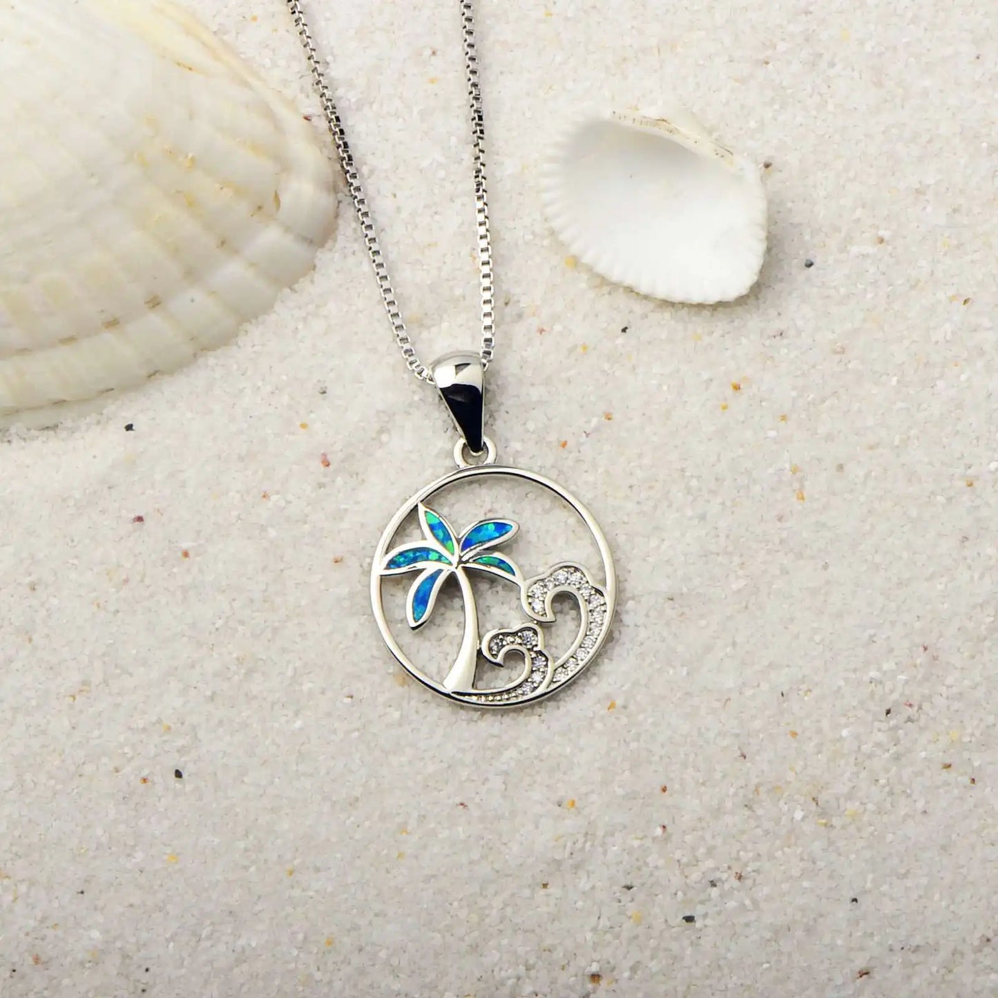 Summer Blue Opal Pendant Necklace | Trendy Silver Plated Brass Box Chain Minimalist Coconut Tree Design for Women's Anniversary