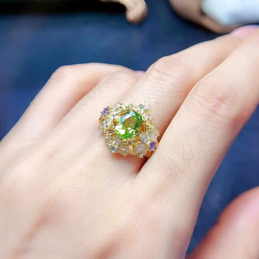 ArtistA Luxury Gold Plated 925 Sterling Silver Natural Peridot Claw Setting Necklace Ring Kids Jewelry Set Wedding Party Birthday Gifts