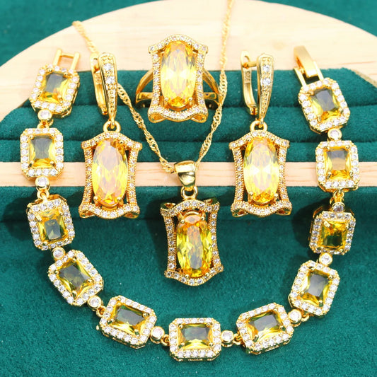 Shine Gold Color Jewelry Sets for Women Wedding Noble Yellow Zircon Bracelet Earrings Necklace Pendant Ring Birthday Gifts