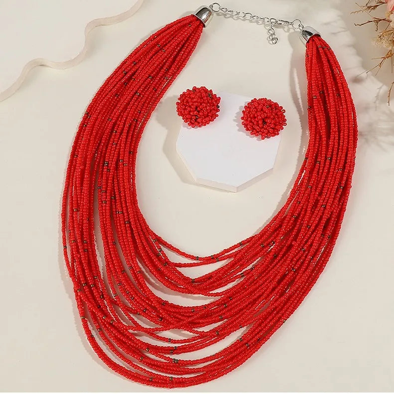 Bohemian Multi-Layer Rice Bead Necklace & Earrings Set | Retro Ethnic Style Glass Bead Jewellery | 9 Colours