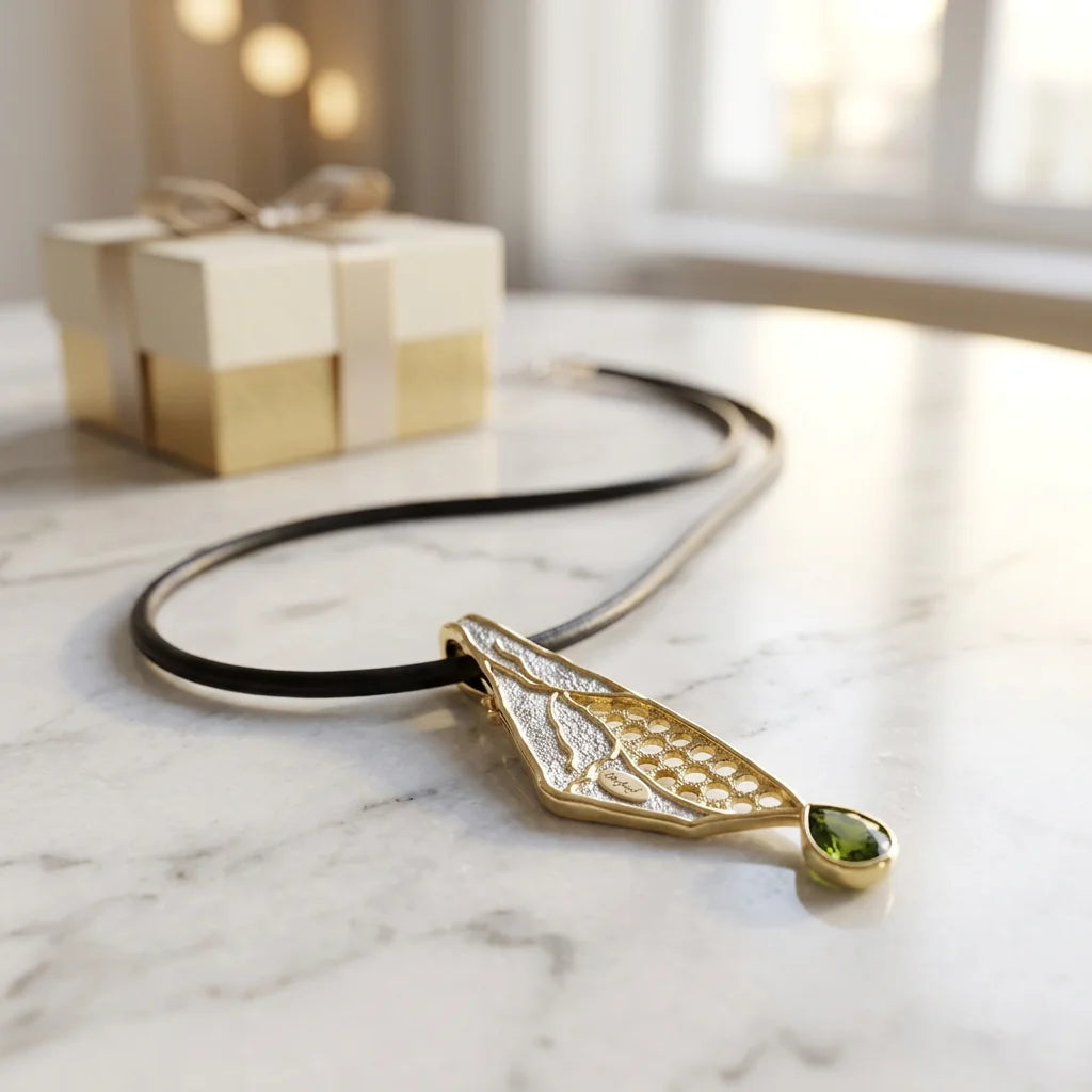 Handmade Rhodium & 18K Gold Plated Sterling Silver Pendant Jewelry with Peridot in Bezel Setting for Women