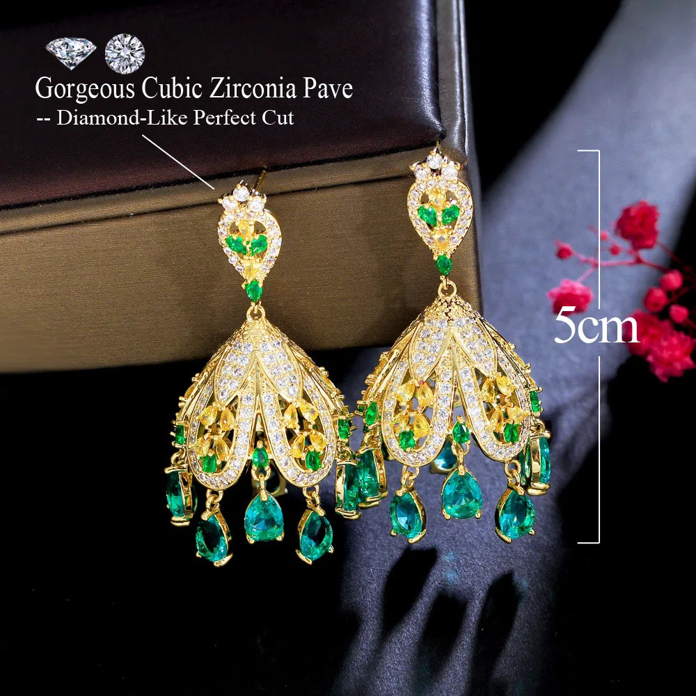 Indian Gold Plated Jhumka Jewelry Big Traditional Pave Green CZ Cubic Zirconia Drop Tassel Earrings for Women Evening Party Wear