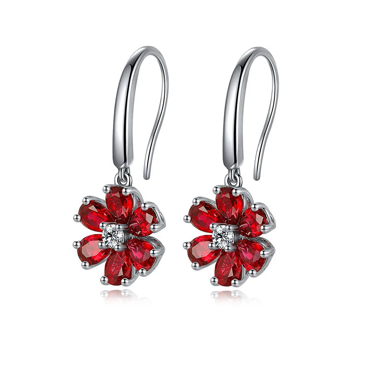 Gemfiori Jewelry Flower Shape Lab Ruby Sterling Silver 925 Jewellery Dangle Drop Earrings for Girl