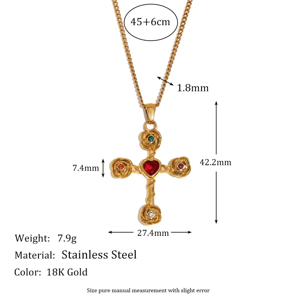 Vintage High-end Creative Stainless Steel 18K Gold Plated Rose-style Cross Pendant Necklace Bamboo for