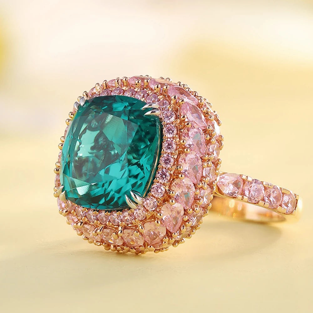Gemfiori Custom Engagement Jewelry Lab Created Gemstone 9K 10K 14K 18K Solid Gold Women Ring Cushion Cut Lab Grown Emeral Ring