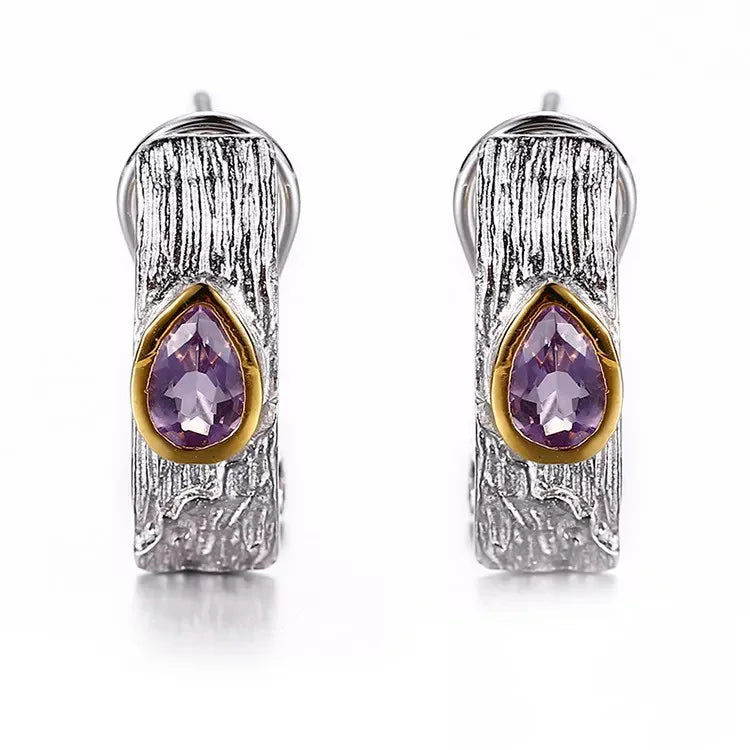 Bark Grain Amethyst Stone 925 Sterling Silver Vintage Pendant Earrings with 18K Gold Plated Finish for Women