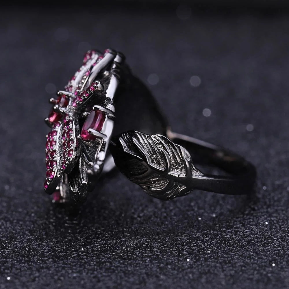 ArtistA Abiding Factory Original Design Black Gun Plated 925 Silver Leaf Shape Rhodolite Garnet Fine Jewelry Set for Women