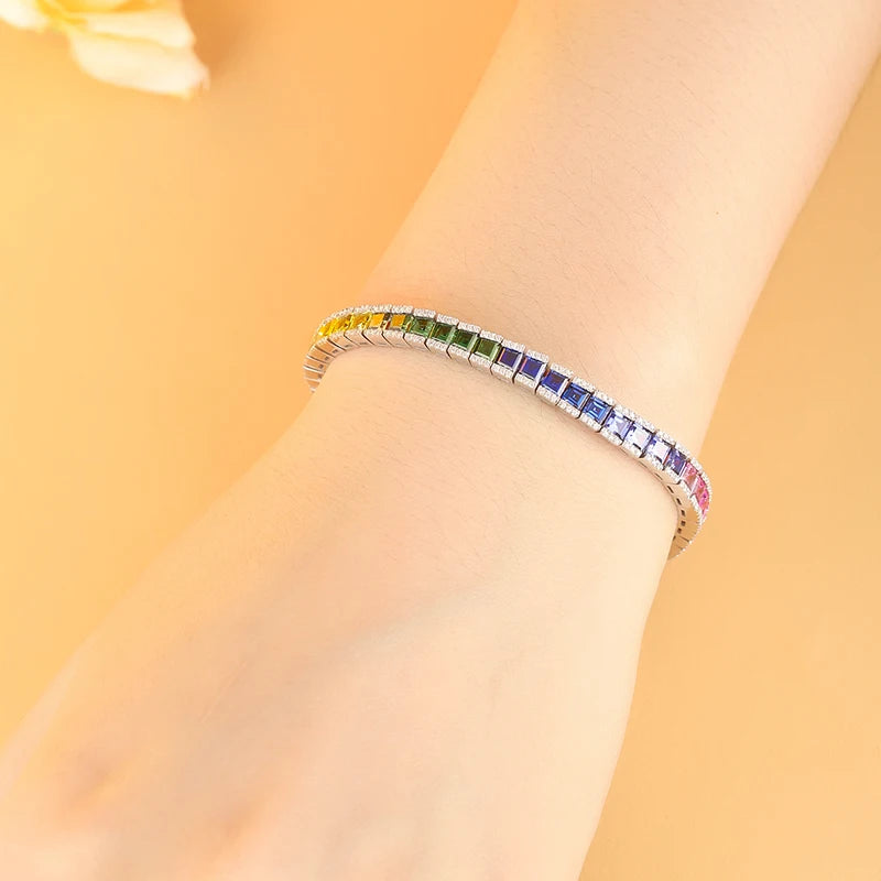Gemfiori Luxurious and Fashionable Bracelet 925 Silver Rainbow Color Lab Grown Sapphire Tennis Bracelet 3.3mm Princess Shape Gemstones