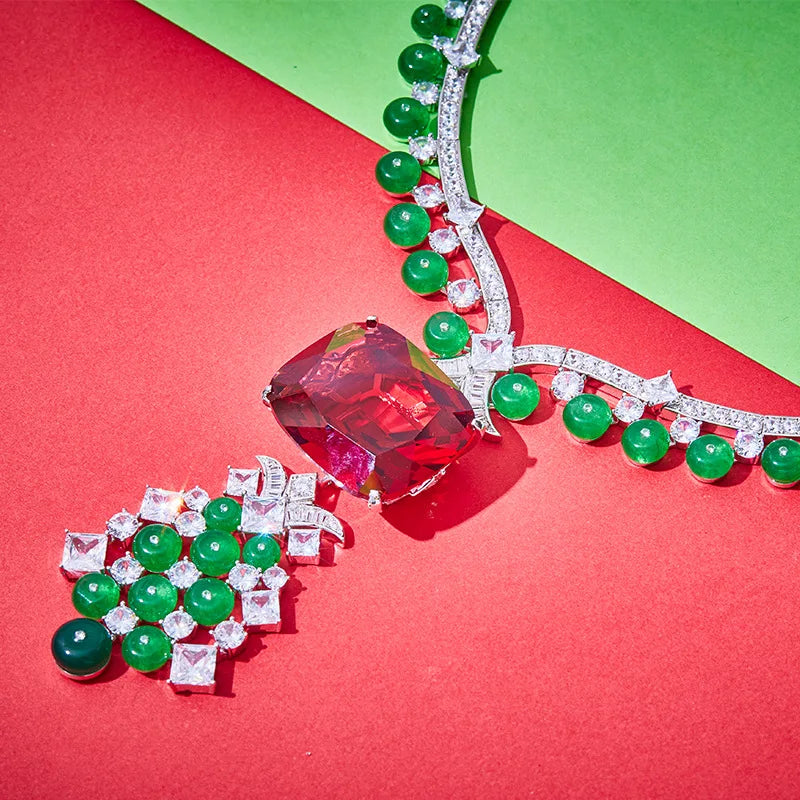 Luxury Red Ruby & Green Zirconia Tassel Pendant Long Necklace & Earrings Vintage Middle Eastern Bridal Set — Rhodium Plated