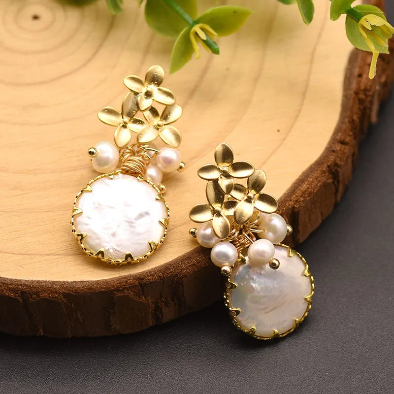 New Yiwu Jewelry Wholesale Natural Baroque Pearl for Women Flower Drop Earrings 18K Gold Plated Fashion Designer Jewelry
