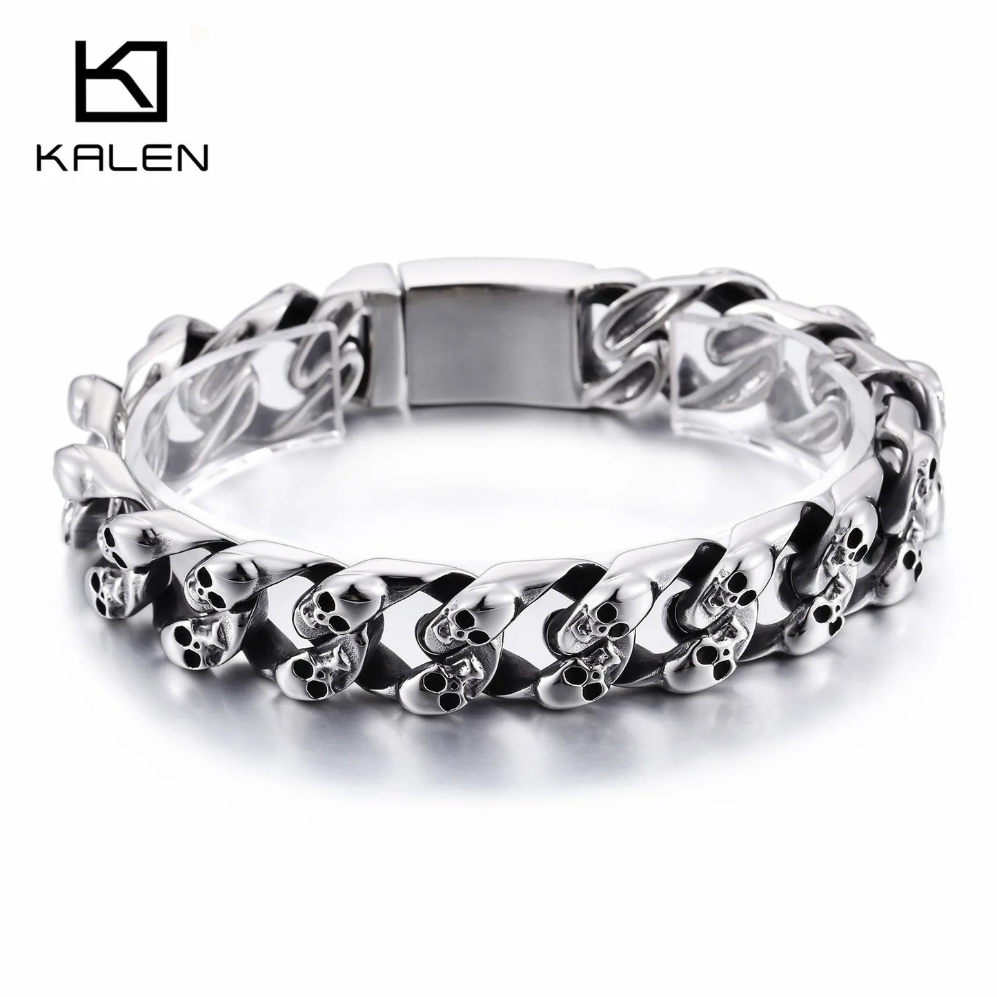 KALEN Gothic Biker Jewelry Punk Charm Bracelets Men 21.5cm Stainless Steel Skull Cuban Link Chain Wrap Bangle
