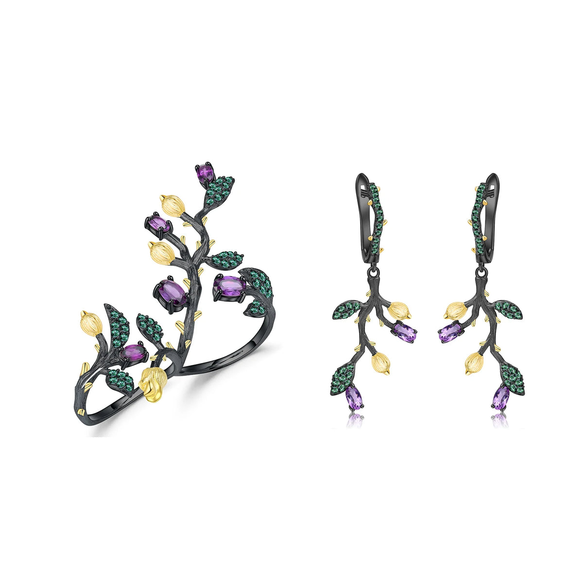 ArtistA Abiding Dainty 925 Silver Natural Rhodolite Garnet Smoky Quartz Amethyst Plant Branch Leaf Earrings Open Double Finger Ring Set