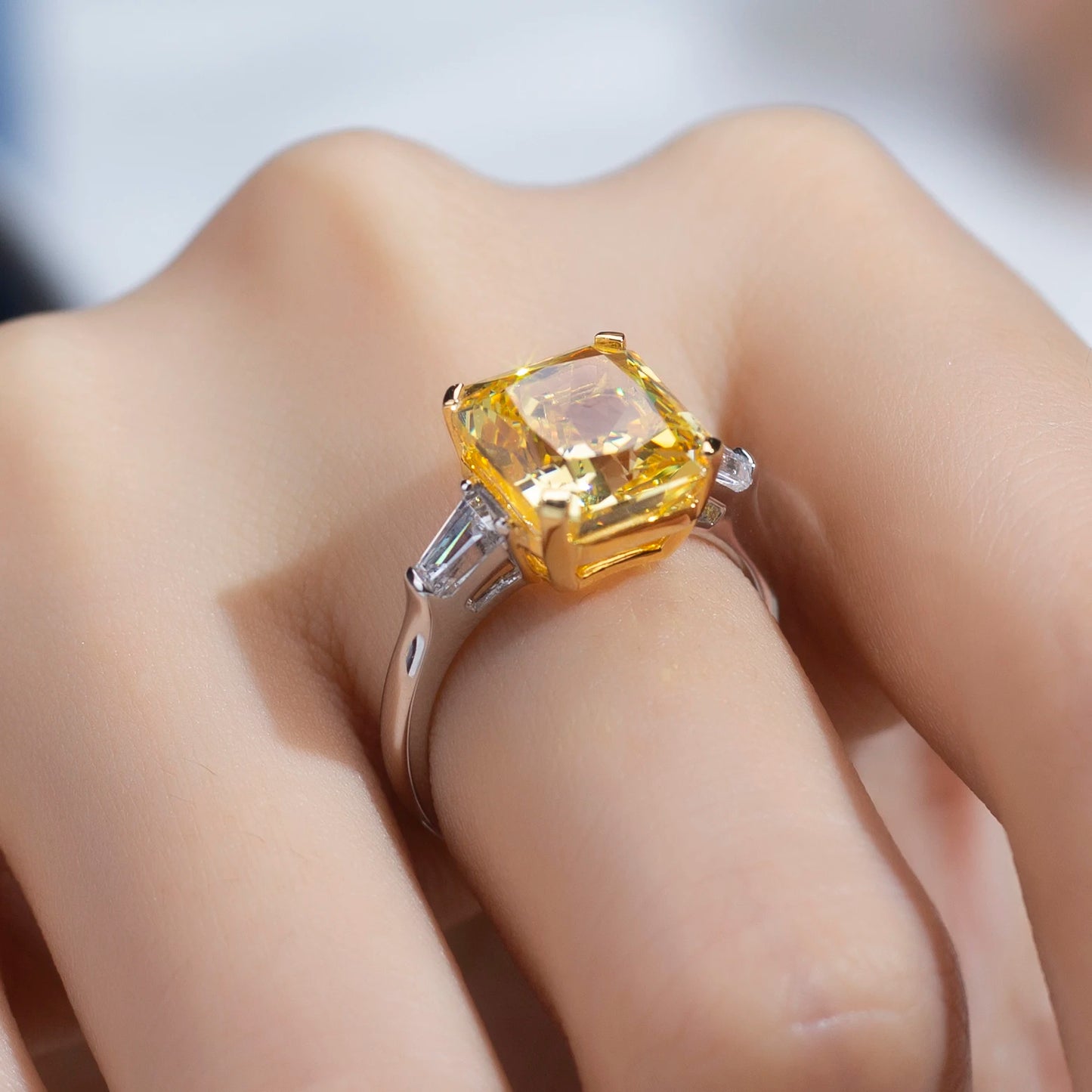 Messi Jewelry MSR-961 High Carbon Cubic Zircon Yellow Diamond Ring Jewelry S925 Radiant Cut Solitaire  Engagement Wedding Ring